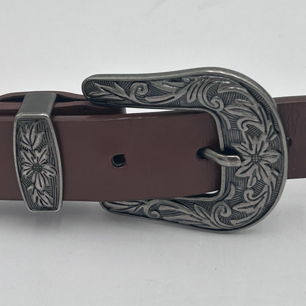 Women Faux Leather Belt Vintage Western Cowgirl Brown Double Buckle Design‎ Sz L - Picture 6 of 7